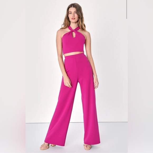 Lulus Perfect Together Magenta Halter Wide-Leg Two-Piece Jumpsuit - Picture 2 of 12